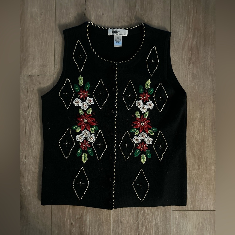 Kikit Christmas Poinsettia‎ & Flowers Sweater Vest ~Womens M~ Beads Jewels